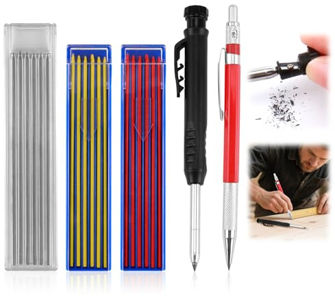 Tieflochmarker Bleistift Set, Bohrlochmarker Druckbleistift, 32 Minen 2 Stück Tiefloch Holzbearbeitungsbleistifte mit Eingebautem Spitzer, Tischler Bleistift für Architektenbau (Schwarz, Rot, Gelb)