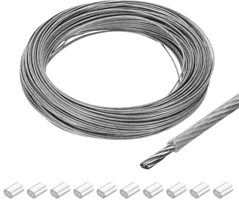 QUARKZMAN Drahtseil Edelstahl 50M x 1,2 mm Stahlseil PVC ummantelt mit 10 Aluminiumhülsen Sicherungsdraht Aufhänger für Bilder Vorhang Geländer Outdoor Gartenmöbel Sonnensegel, Transparent