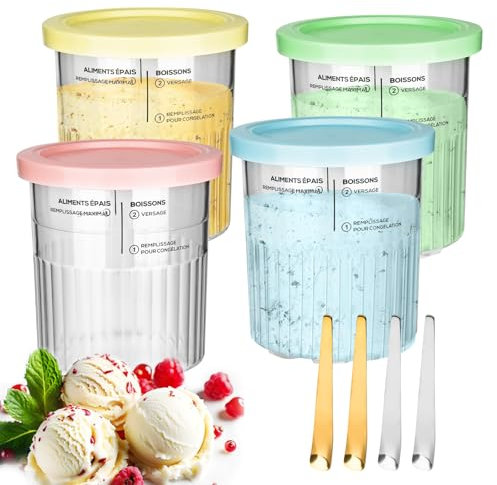 DMJJSD Ersatz für Ninja Creami Deluxe Behälter 4er Pack, NC501EU NC500EU 680 ml Behälter, Auslaufsicher Ninja Eismaschine Deluxe, Creamy Becher NC501 NC500-Mit Löffel,BPA-frei, spülmaschinenfest