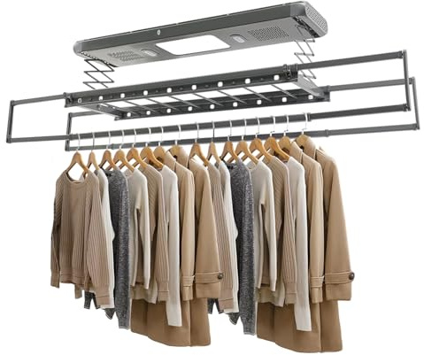 wanwanper Elektrischer Wäscheständer Deckenmontage, Wand- und Decken-Wäscheständer Ausziehbar 130-215CM mit Fernbedienung & LED-Beleuchtung, Blaulicht-Sterilisation & 2X Ventilatoren (Grau)