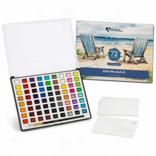 Mikkelhus Watercolor Paint Set 72 Colors and 20 Blank Postcards | Travel Water color Set with Watercolor Postcards and Brush, Ideal for Amateur Hobbyists, Painting Lovers and Artists
