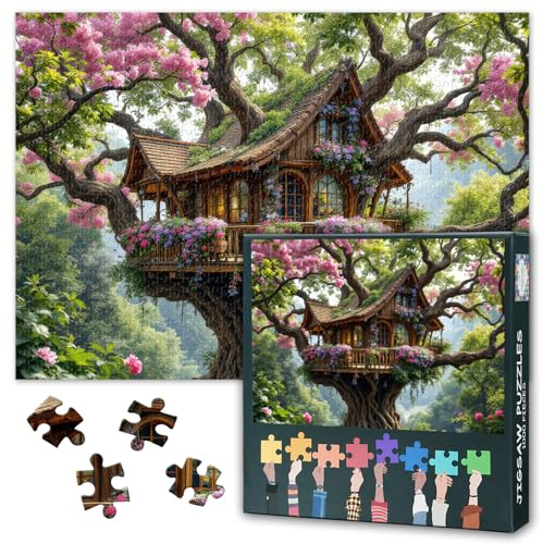 1000 Teile Puzzle für Erwachsene Baumhaus im Frühlingswald Naturlandschaft Waldpuzzle Kunsthandwerk Saisonales Design Herausforderndes Spiel 50.5 x 70.5 cm