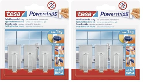 tesa Powerstrips Haken Small Classic - Selbstklebender Wandhaken für Glas, Kacheln, Holz, Kunststoff und andere Untergründe - Weiß, Klein (Chrom, 6 Haken)