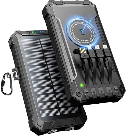 Power Bank Solar 26800mAh con 4 Cables, Inalámbrico USB-C 15W Carga Rápida | Batería Externa Cargador Solar 6 Salidas 3 Entradas para Teléfono, Cargador Solar con Linterna, Mosquetón
