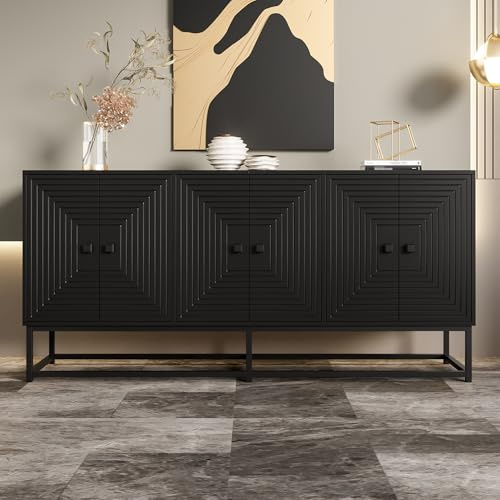 Merax Sideboard Schwarz Matt mit 3 Doppeltüren – Aufbewahrungsschrank mitKratzfester Oberfläche & Metallfüßen – Kommode für Wohnzimmer, Esszimmer, Flur & Büro - 160x38x75,5cm