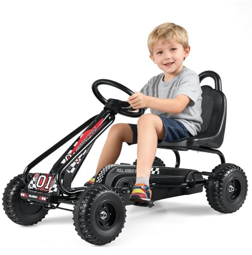 GOPLUS Gokart mit verstellbarem Sitz, Tretauto mit Handbremse und geschlossener Kettenabdeckung, Vor- und Rückwärtsgang, Tretfahrzeug für Kinder ab 3 Jahre bis 30 kg (Schwarz)