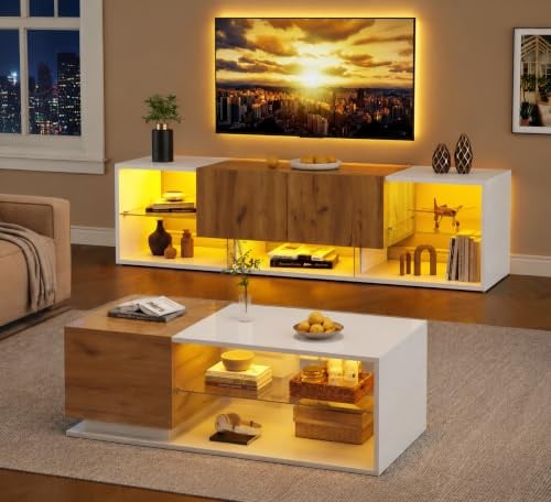 OKMYHOME Ensemble Meuble TV et Table Basse avec LED, 2 Pièces | Verre et panneaux effet brillant, finition bois, ensemble coordonné pour salon moderne