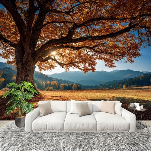 Mural Papel Pintado 3D 350x256cm OtoñO Bosque Hojas CaíDas Fotomurales Tejido No Tejido Antiarrugas Póster Azul Murales Fotográfico Moderno Decoración de Paredes
