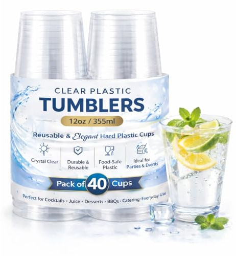 eMKay® Pack of 40 – 12oz Clear Plastic Tumblers | Reusable Hard Plastic Cups for Beer, Soft Drinks & Cocktails | Elegant Party Drinkware for Events, BBQs & Catering