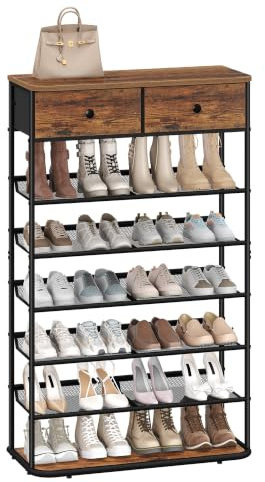 Hzuaneri Schuhregal, 7 Ebenen, 2 Stoffschubladen, 5 Gittern, 20-24 Paar | Schuhständer für Eingang, Flur, Verstellbaren Gitterablagen, Vintagebraun-Schwarz, SR27701B