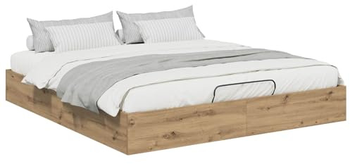 PUGYNBK Engineered Wood Bed Frame with Gas Lift Up Storage and Under Bed Storage Ottoman in Oak Finish