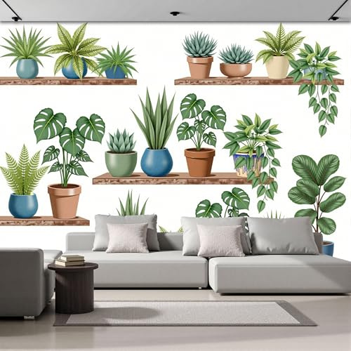 Papel Pintado Plantas Verdes Estantes Ilustraciones Plantas Maceta 450 × 315 Cm Fotomurales Pared Seda Decorativos Murales Fotográfico De Paredes Salón Dormitorio Habitación De Los Niños Verde Claro