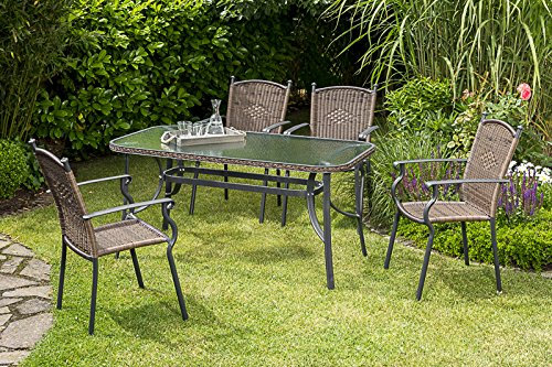 MERXX 5tlg. Roma Set, braun, 4 Roma Stapelsessel, 1 Tisch 150 x 80 cm, Glasplatte mit Geflechtrand
