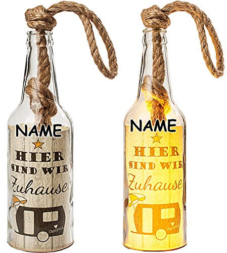 alles-meine.de GmbH Glas - Lichterflasche - 6 Stück LED Hier sind wir zu Hause inkl. Name - LICHT Dekoflasche/Flasche/Bierflasche - 25 cm - Batterie betrieben - warmweiß ..
