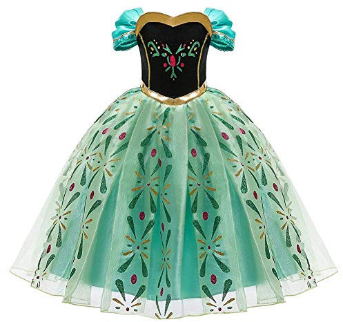 IWEMEK Mädchen Eiskönigin Kostüm Kinder Prinzessin Anna Kleid Cosplay Karneval Verkleidung Halloween Partykleid Weihnachten Geburtstags Festkleid Langes Maxikleid Grün 3-4 Jahre