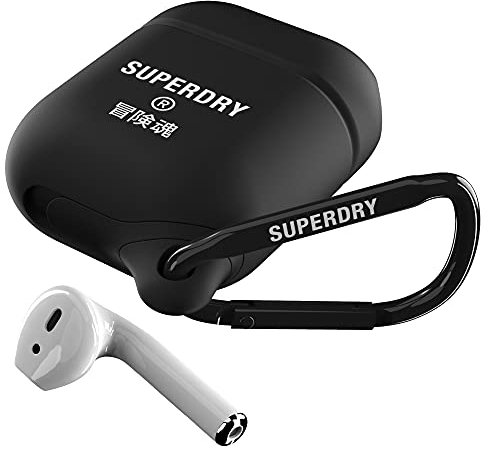 Superdry Custodia per Airpod per AirPods, compatibile con caricabatterie wireless Bluetooth, custodia impermeabile in silicone per cuffie wireless, nero