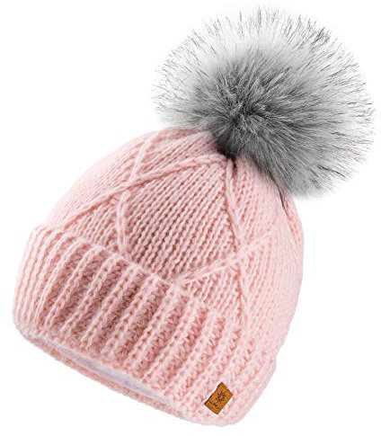 Woolk 4sold Herren Damen Wurm Winter Mohair Style Beanie Strickmütze Mütze mit Fellbommel Bommelmütze Hat Gestrickte Pudelmütze Plain Ski Pom Wooly Full Cosy Fleece-Futter (Birma Power Pink)