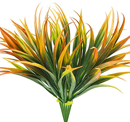 Phliofd 6 Stück Kunstrasen künstliche Pflanzen 43.9 cm Outdoor Kunststoff Pflanzen UV-beständig Grünpflanzen Kunstgras für Zuhause, Fenster, Garten, Büro, Terrasse, hängender Pflanzgefäß, Orange,Gelb