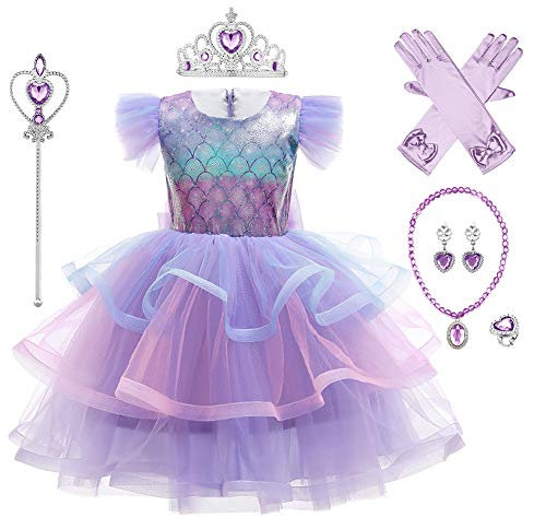 FYMNSI Meerjungfrau Kostüm Kleid Kinder Mädchen Prinzessin Mermaid Geburtstag Party Ankleiden Märchen Outfit mit Zubehör Halloween Cosplay Fasching Karneval Abendkleid Verkleidung Violett 7-8 Jahre