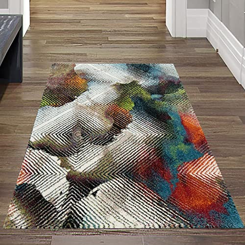 Modern-Abstrakter Teppich Läufer für schmale Gänge | pflegeleicht | bunt orange rot grün, Größe 80x150 cm