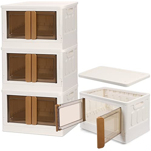 LAMPTOP 3er Set Aufbewahrungskorb mit Deckel & Rädern, Faltbare Aufbewahrungsbehälter, Faltbarer Kunststoff Plastikbox mit Tür, Kleiderschrank Organizer für Kleidung Schlafzimmer Garderobe