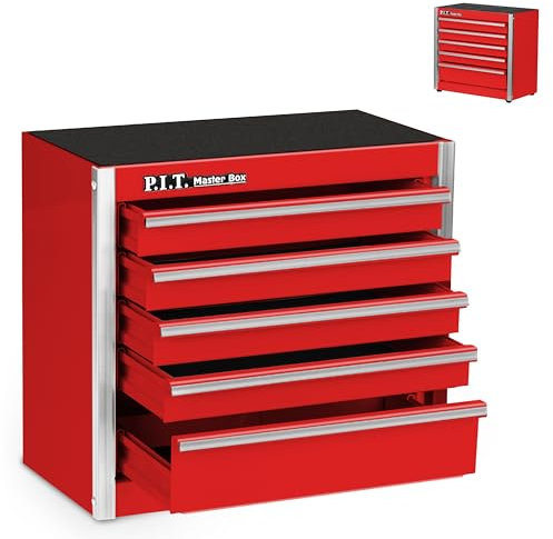 P.I.T. Mini Rot Werkzeugkasten, Tragbare 5 Schubladen Micro Roll Cab Stahl Werkzeugkoffer mit Liner, Rot Kleiner Werkzeugkoffer für Werkzeuge Aufbewahrung, Home DIY