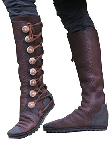 Stivali medievali Stivali in pelle PU Rinascimentale Medievale Cosplay Stivali Lunghi Flat Zip Flat Boots Scarpe per Uomo Donna Cosplay (marrone42)