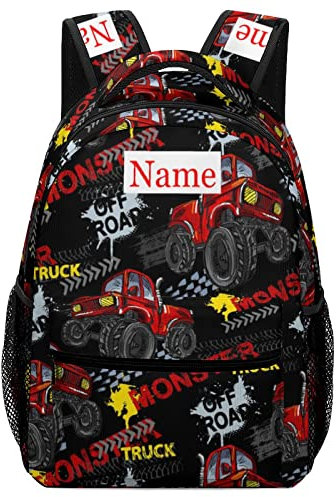 Mraxovid Personalised Monster Truck Backpack with Name Custom Kids School Bag Boys Girls Teens Backpack with Chest Strap