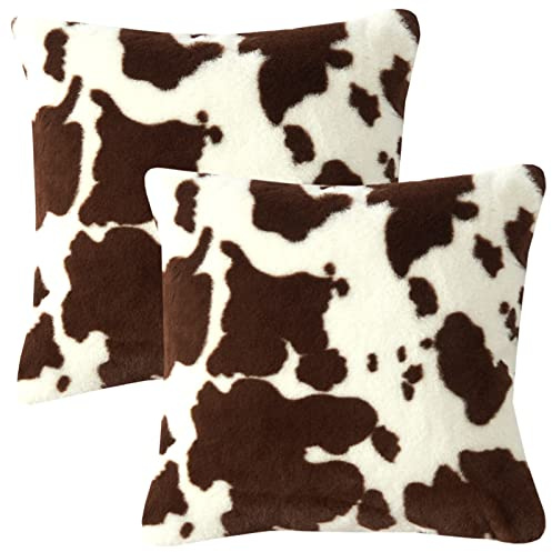 LOHDALOLF Cowhide Faux Fur Pillow Covers 20x20 inch Set of 2 Western Pillow Cases Plush Fluffy Decorative Cushion Cases for Couch Living Room