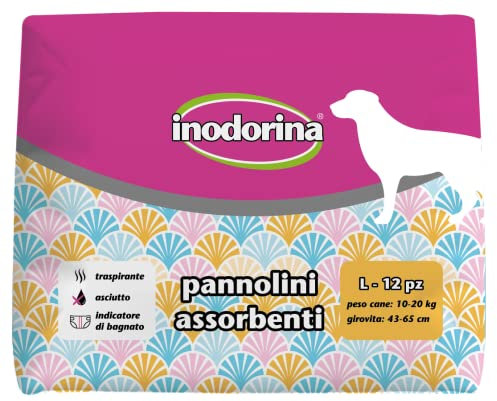 Inodorina, Couches absorbantes jetables, technologie respirante et indicateur de mouille, avec trou pour queue et longues ailettes, pour chiens pesant 10-20 kg, taille L, 12 pièces
