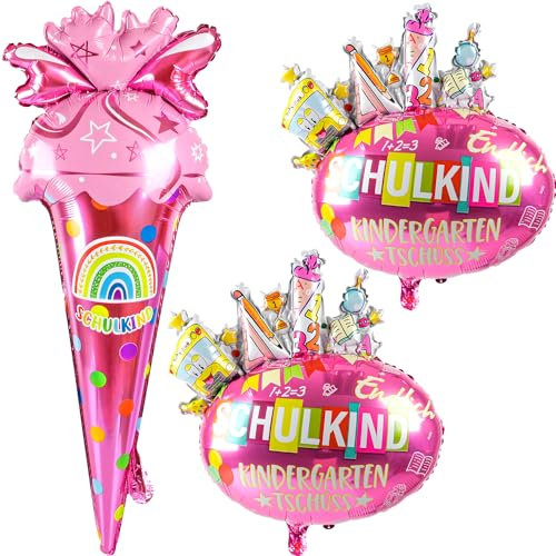 iZoeL Deko Schulanfang Einschulung Folienballon 3Stk Helium Luft Ballon Zuckertüte Einschulung Rosa Mädchen Schulkind Schuleinführung Deko