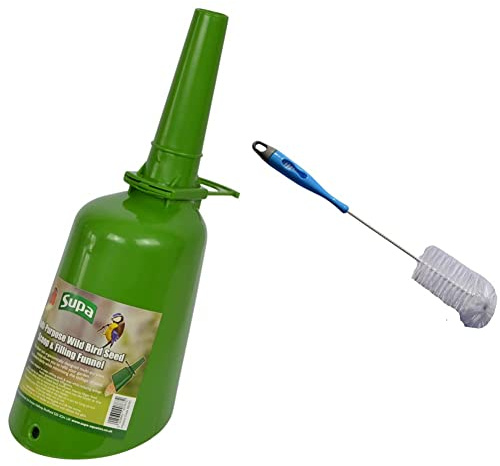 Supa SS787 Multi-Purpose Wild Bird Seed Scoop & Filling Funnel, Leaf Green & SS805 Wild Bird 2 in 1 Cleaning Brush, Handle Contains Small Brush For Cleaning Awkward Spots