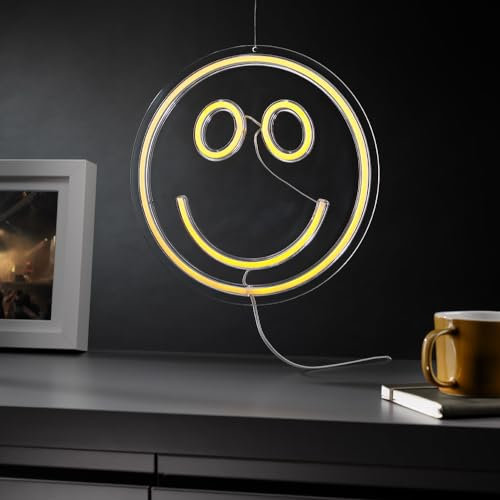 #winning Smiley Face Neon Effect Light - USB Powered Wall Hanging Yellow Emoji Lamp