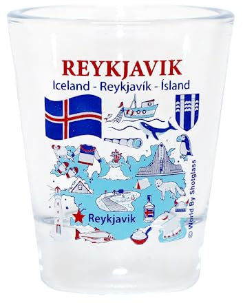 World By Shotglass Reykjavik Island Sehenswürdigkeiten und Ikonen Collage Schnapsglas, 5 x 6 cm, Glas, Shot Glass, 29.5735 Milliliter, Souvenir drinking cup, Schnapsglas, Shotglas