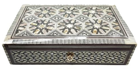 Horus Artesanía de Egipto Ägyptisches Schmuckkästchen aus Holz mit Perlmutt-Inlay, handgefertigt mit spanischer Aufgabentechnik, Holzfarben, Schmuckkästchen