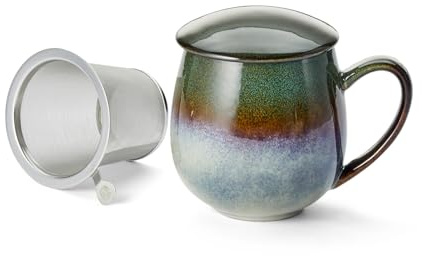 Cha Cult teemando® Kräuterteetasse Saara, dunkelgrün Keramik mit Reactive Glaze 3-teilig mit Edelstahlsieb, 0,35 l H 12 cm, Ø 7 cm
