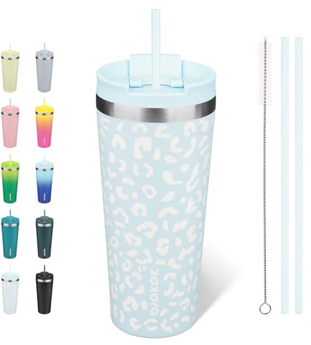 BJPKPK 650 ml Isolierter Edelstahl-Becher mit Deckel und Strohhalm – Wiederverwendbarer Thermobecher für Reise, Kaffee und Tee, Hellblauer Leopard