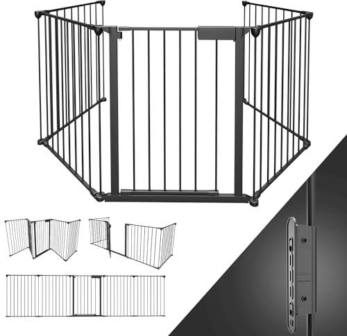 Daromigo Kaminschutzgitter mit Tür 310 cm Metall Ofenschutzgitter Laufstall Absperrgitter mit Sicherheitstür Tierschutzgitter für Kinder-Sicherung, 5-teilig Elemente (je 66 x 75 cm) Schwarz