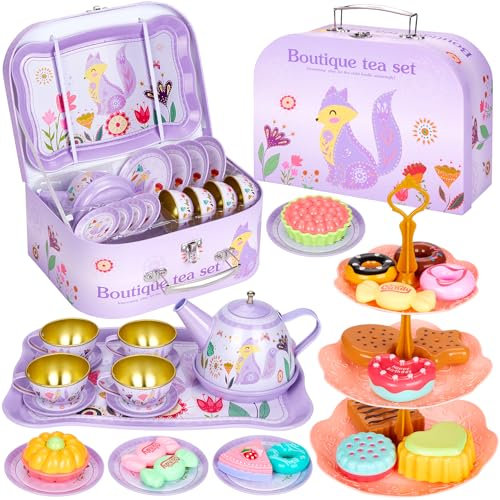 Damcyer Service à Thé pour Enfants, 33 PCS Service à Thé Jouets, Service à thé pour Enfants, Accessoires de Cuisine pour Garçons et Filles, Jeu de Rôle pour Petites Filles,Renard