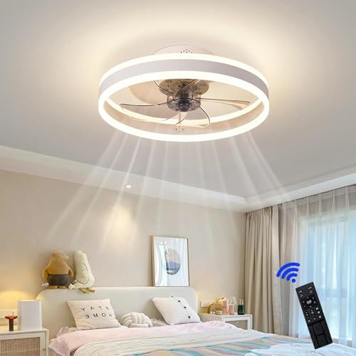 Flush Mount Low Profile Ceiling Fans with Lights and Remote, Modern Semi-Enclosed Ceiling Fan Invisible Blades 3 Color Temps LED Dimmable 6 Wind Speeds Reversible,Timer White