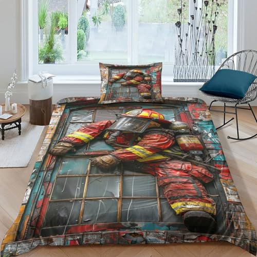 WudAnghao Feuerwehrleute 3D Print Bettwäsche Set Cartoon Bettbezug Weiche Microfaser 2teilig Mit Reißverschluss Verschluss Mit Kissenbezug Für Erwachsene Bettbezüge Garnitur Single（135x200cm）