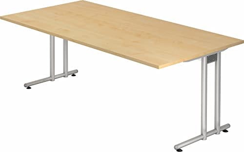 bümö Schreibtisch groß, N-Serie 200x100 cm, Tischplatte aus Holz in Ahorn, Gestell aus Metall in Silber - PC Tisch, großer Computertisch für's Büro, Office Bürotisch