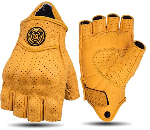 mjmoto Retro-Handschuhe halbfingerlang, gelb, Leder, Unisex | Atmungsaktive Perforationen, Rutschfester Griff, Klettverschluss