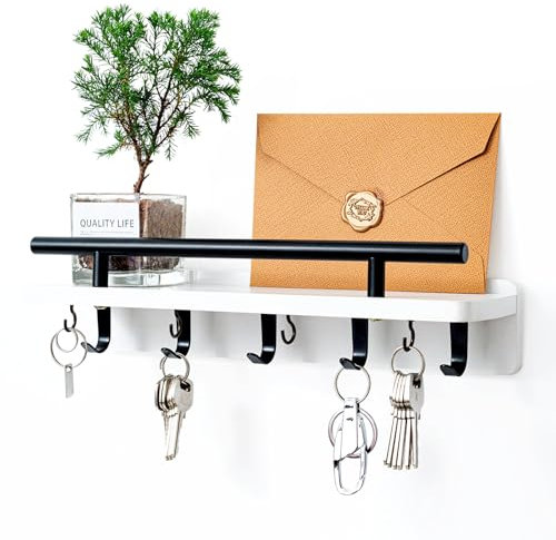 VLATIENS Key Holder Wall Mount Shelf and Hook Key Holder for Wall with 9 Hooks and Mail Organizer Tray Key Hanger Wall Mount for Entryway (White)
