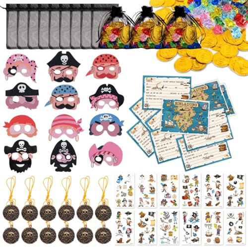 VOPIWOZ 144 Pezzi Pirati dei Caraibi Gadget Giveaway Bambini Compleanno Accessori Pirata Festa Include Biglietti Invito Pirata Monete d'oro Borsa Regalo Gemma Adesivi Pirata Tag Pirata Maschere Pirata