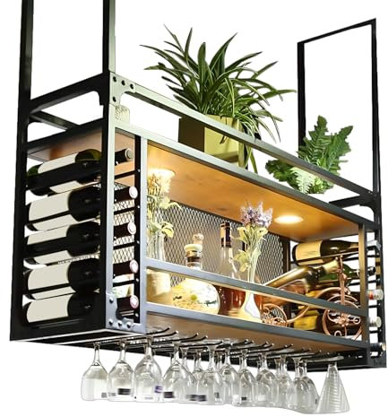 SPTZQURY Wine Rack Wall Mounted with Glass Holder, Ceiling Wine Glass Rack, 2 layer Black Industrial Metal Hanging Ceiling Shelf with Guardrails, for Bar, Kitchen, Cafe, Restaurant (black, 120cm)