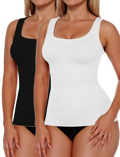 AURUZA 2PCS Women's Shapewear Tummy Control U Neck Camisole Tops for Women Seamless Compression Tank Top Regular Plus Size, XL, Black+White