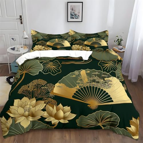 Bettbezug 135 x 200 cm 3 teilig Dunkelgrün Bettbezug Set Microfaser Super Weich Bettdeckenbezug, Luxus-Ventilator Lotus Muster mit Reißverschluss Deckenbezug Bettwaesche Jugendliche Teenager Jungen