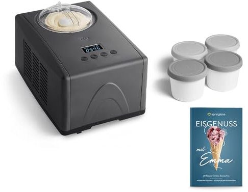SPRINGLANE Eismaschine Emma 1,5 L mit selbstkühlendem Kompressor 150 W, aus Edelstahl mit entnehmbarem Eisbehälter, inkl. Rezeptheft (Anthrazit, Emma Anthrazit + 4 Eisbehälter Mini 400ml Grau)