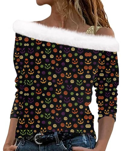 Topassion Off Shoulder Halloween Pullover Damen 3D Druck Plüsch Schulterfrei Langarm Pulli Mit Glitzer Schulterriemen Xmas Pullover Halloweenpulli Mädchen Sweatshirt Herbst Langarmshirts(Gray,XL)